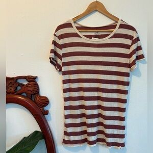 NWT Volcom Striped Maroon and White Women's Short Sleeve Ribbed Soft Top Size M